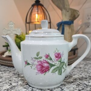 White Porcelain Teapot with Pink Rose Floral Pattern